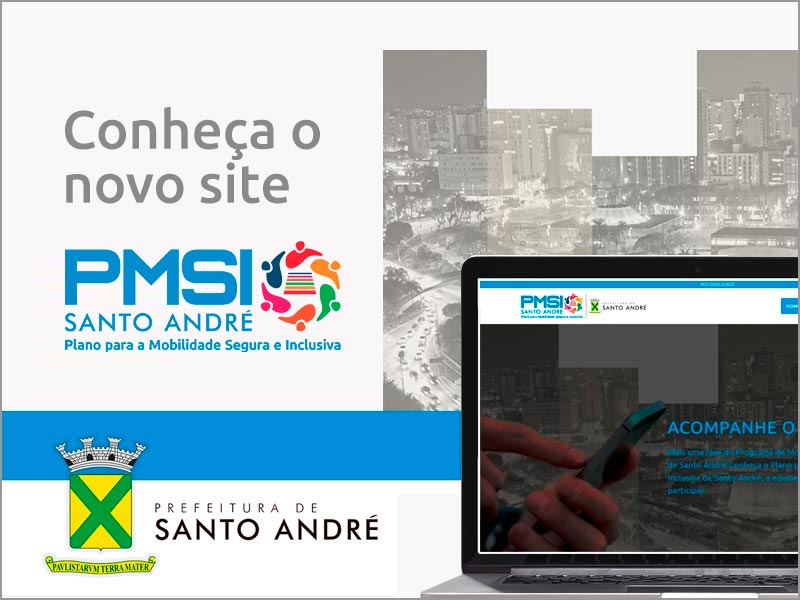 Banner com a mensagem: Conheça o site do Plano para Mobilidade Segura e Inclusiva de Santo André, com imagem da cidade e computador acessando ao site.